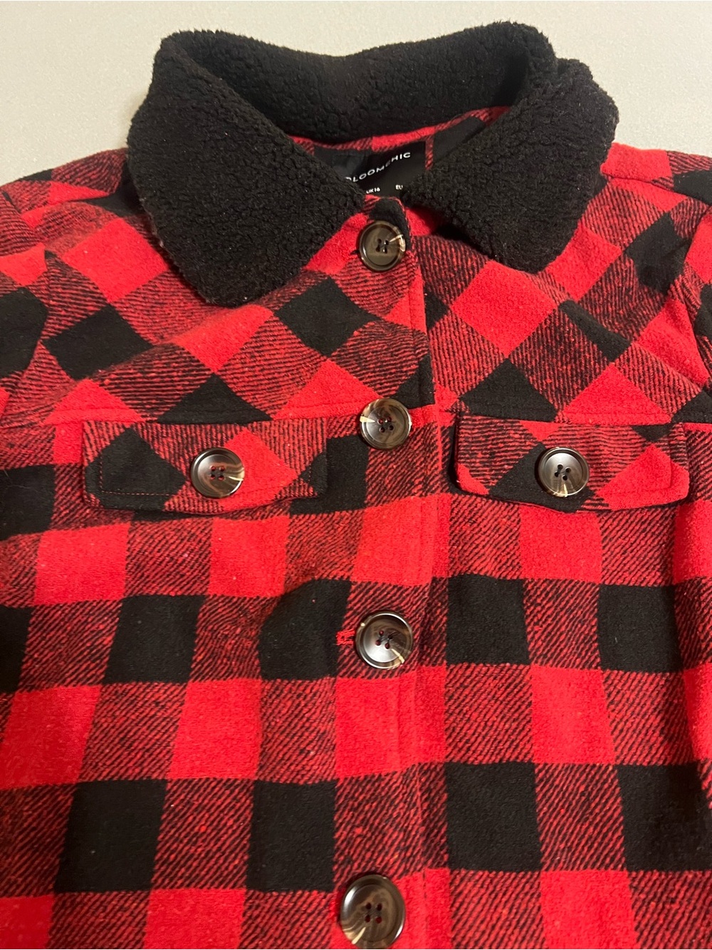 BloomChic Red & Black Buffalo Plaid Jean-Style Jacket with Black Sherpa Collar - Picture 3 of 7